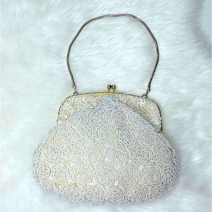 Mid Century Vintage Beaded Sequin Kisslock Evening Handbag Snake Chain Purse